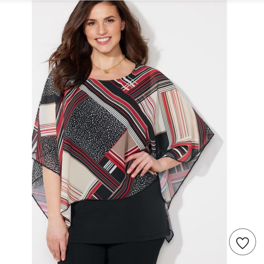Catherines Red Black Cream Geometric Sheer Overlay Blouse